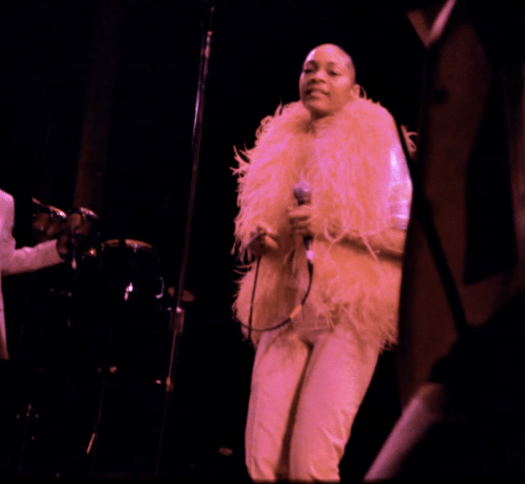 MC Sha-Rock wears a pick boa as she holds a microphone on-stage.